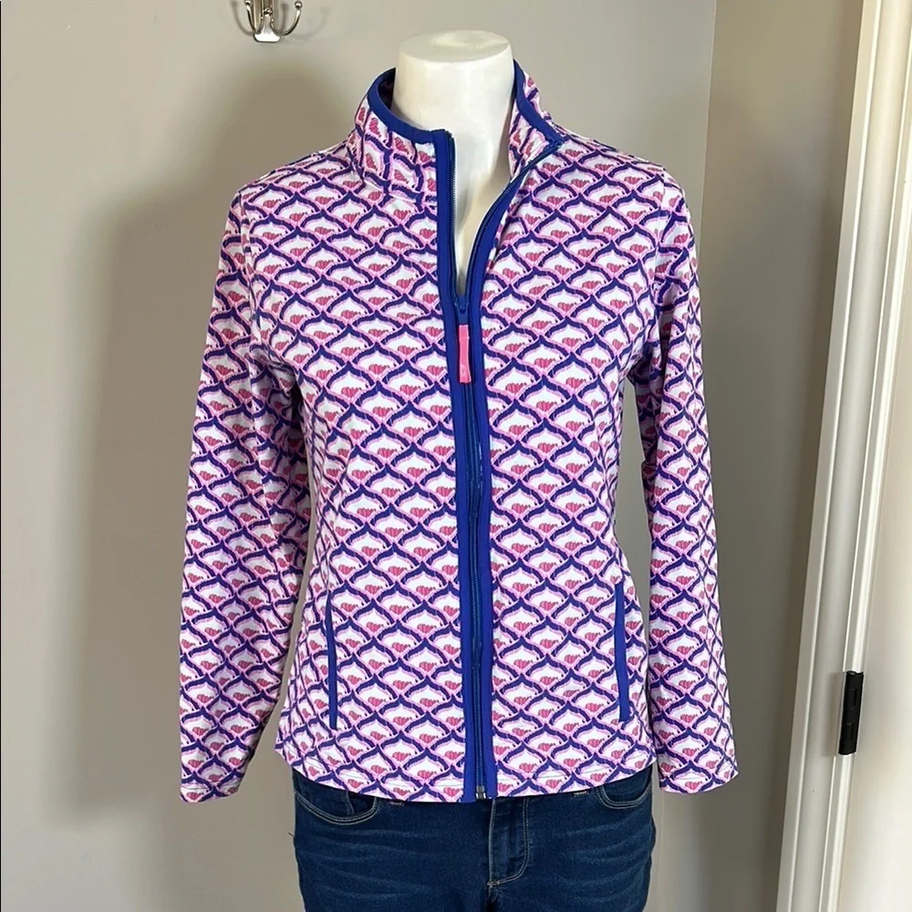 Vineyard Vines Girls Whale Tail Square Full Zip Jacket Blue Pink Sz 16